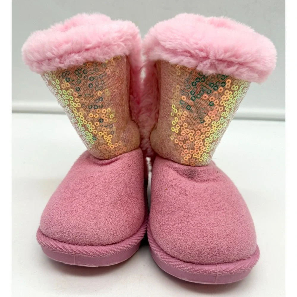 Stepping Stones Pink Sequin Faux Fur Winter Boots Toddler Girls Size 5
